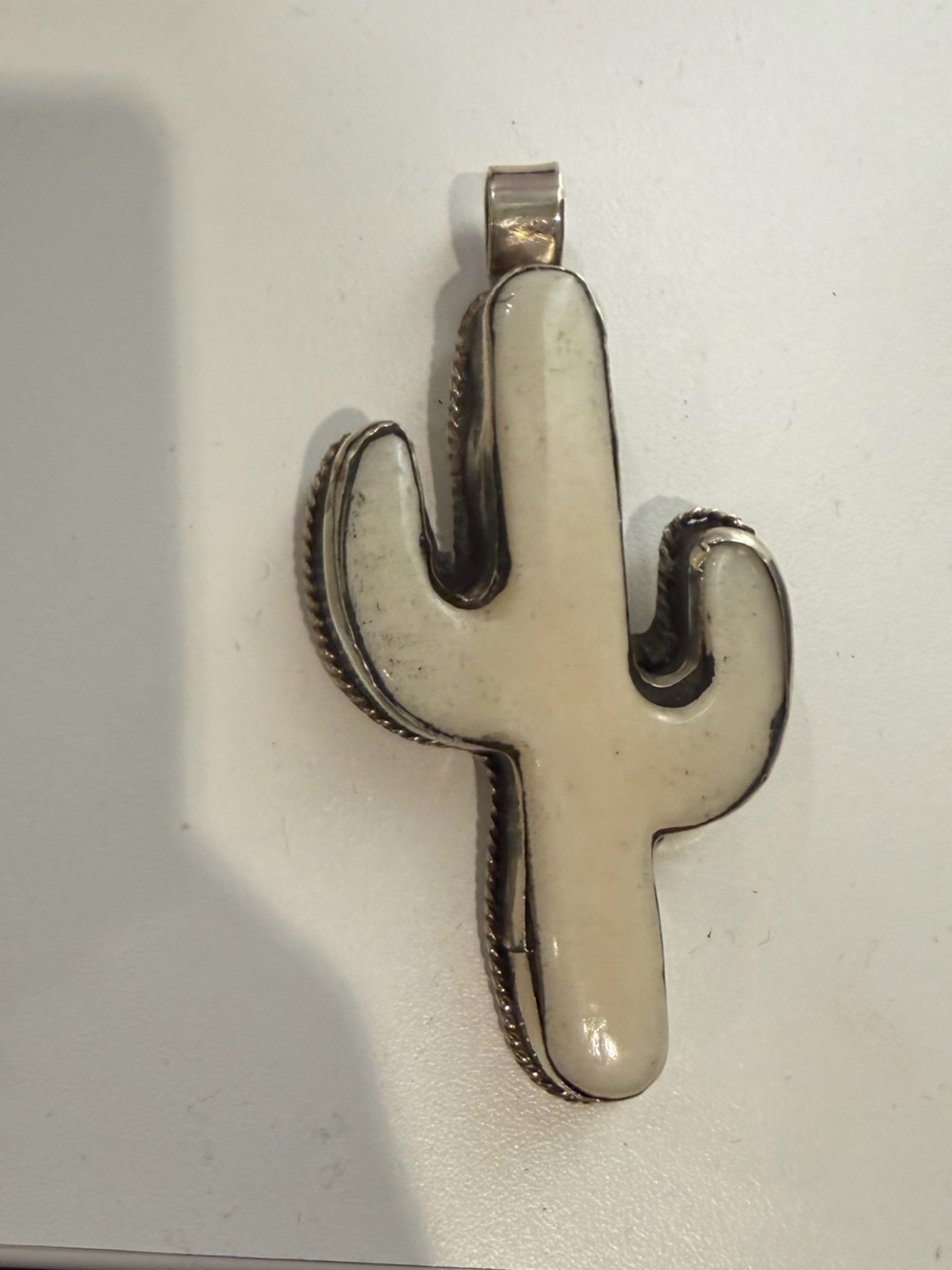 Handcrafted White Cactus Pendant - carved bone and sterling silver
